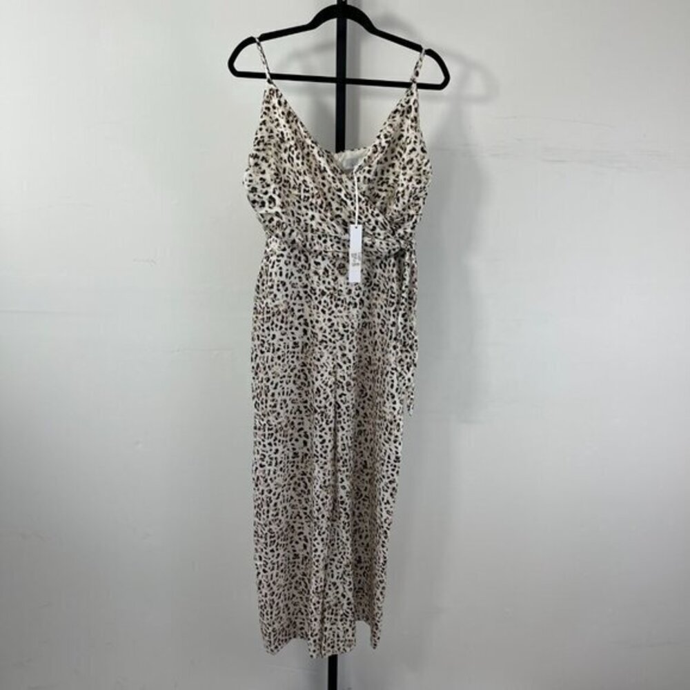 NWT Adelyn Rae Women's Cream Animal Babel Spaghetti Wide Leg Jumpsuit Size L & S